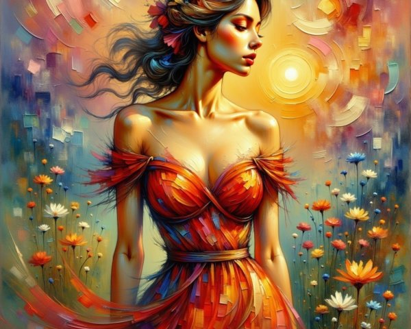 Woman in Orange Gown Surrounded by Flower Field