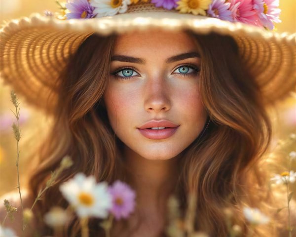 Close-up of a young woman in a straw hat with flowers
