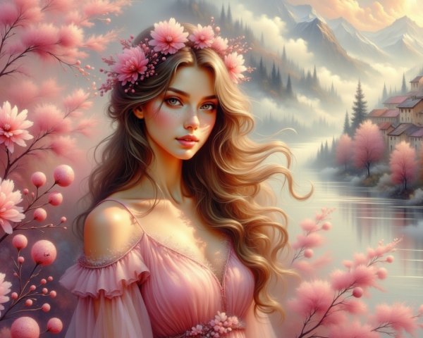 Woman in Pink Dress Amid Cherry Blossoms and Mountains