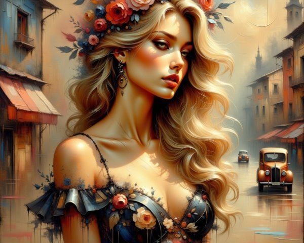 Woman in Floral Crown in Charming Street Scene