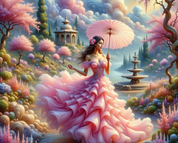 Whimsical Landscape with Woman in Pink Gown and Parasol
