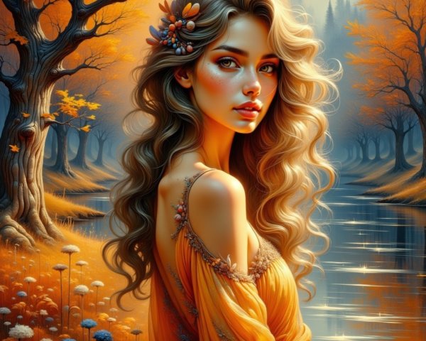 Autumn Landscape with Woman in Orange Dress