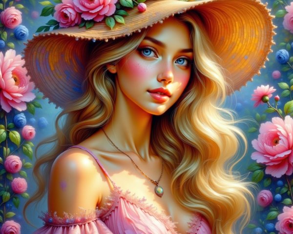 Young woman in pink dress with floral background