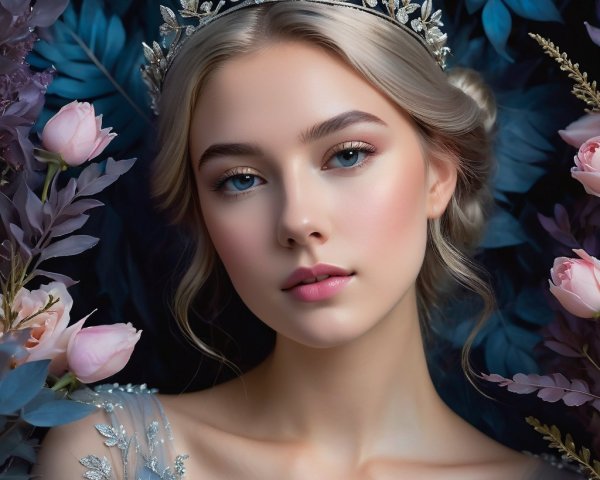 Young woman in crown amidst greenery and roses