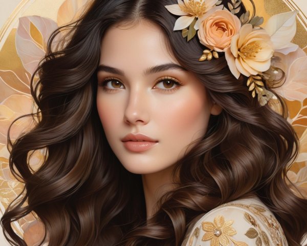 Young woman with floral accents and elegant features