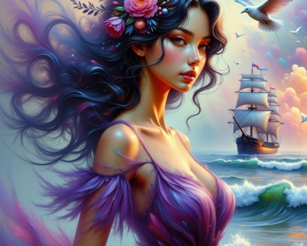 Portrait of a woman with flowers by the sea