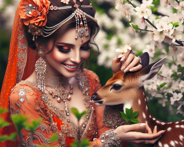 Woman in Orange Dress with Deer Among Flowers