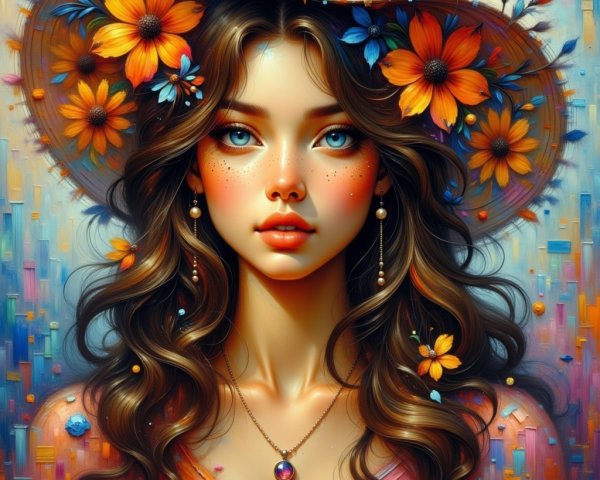 Young woman with floral hat and pastel outfit