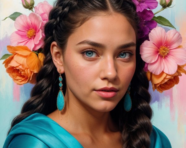 Young woman with braided hair and vibrant flowers