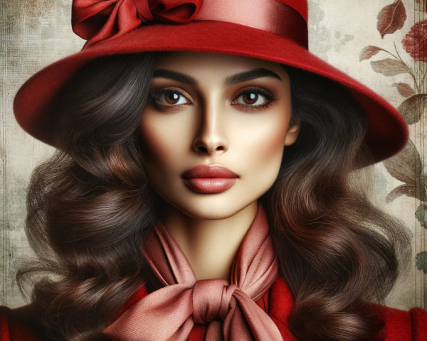 Portrait of a Woman in Red Hat and Elegant Outfit