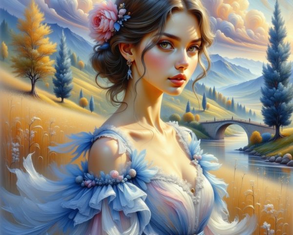Young Woman in Ethereal Dress in Serene Landscape
