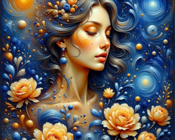 Serene Woman Surrounded by Flowers and Celestial Elements