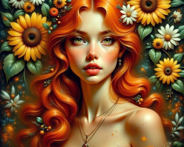 Woman with Orange Hair Surrounded by Sunflowers and Daisies