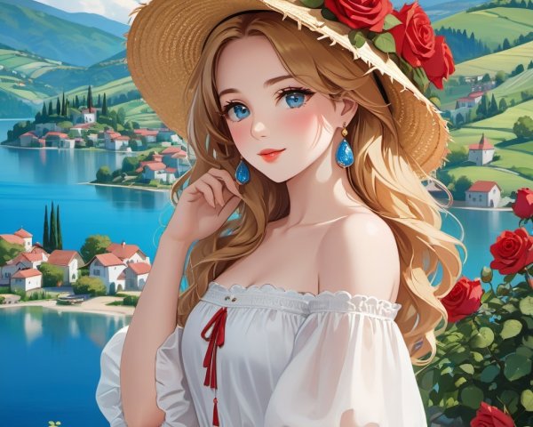 Young woman in white blouse by serene lake景
