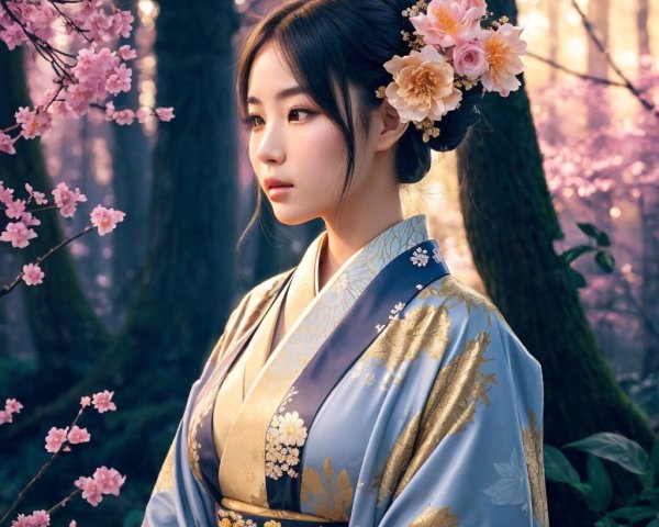 Young Woman in Blue Kimono Among Cherry Blossoms