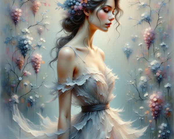 Ethereal Woman in Flowing Dress with Floral Background