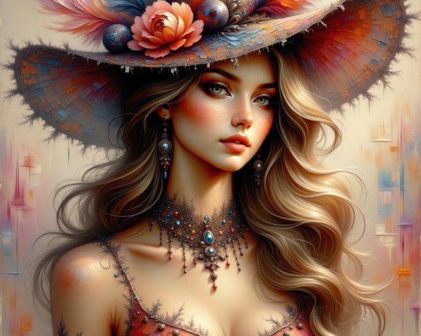Woman with Feathers, Hat, and Sparkling Jewelry