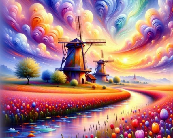 Vibrant Landscape with Windmills and Tulip Fields