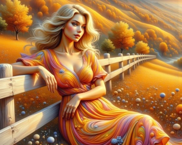 Serene Landscape with Young Woman in Colorful Dress