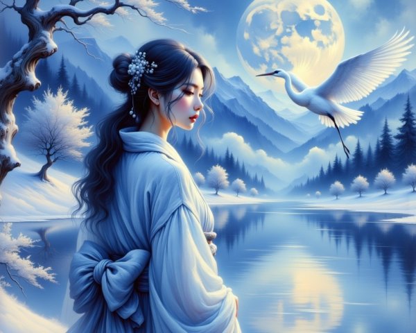 Winter Landscape with Woman by Tranquil Lake