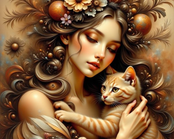 Serene Woman with Cat in Floral and Earthy Tones