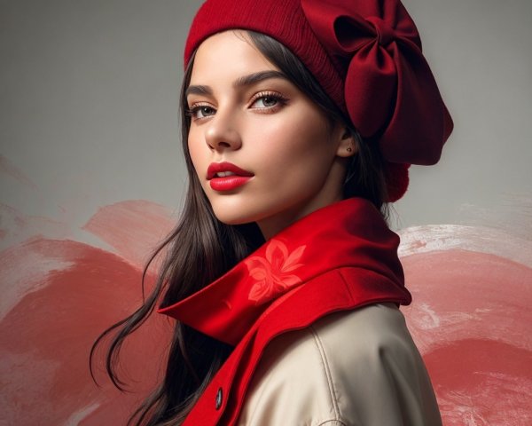 Model in Red Beret and Cream Coat with Bold Makeup
