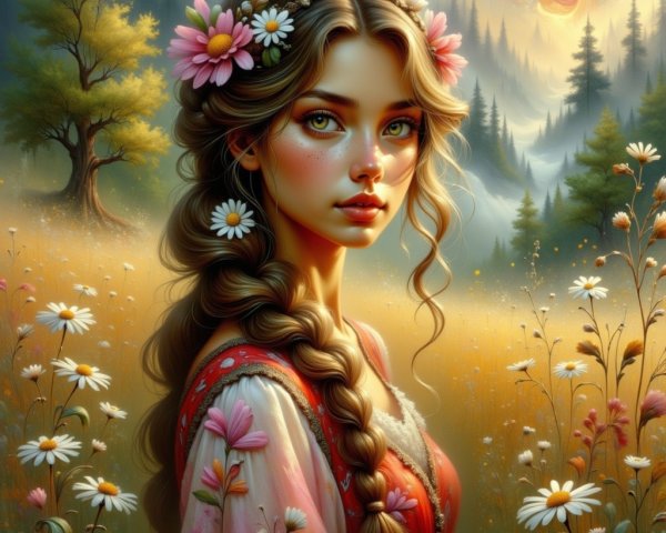 Young Woman in Floral Meadow with Embroidered Dress