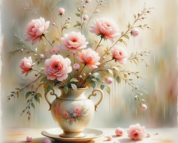 Pink Roses in Ornate Vase on Soft Background