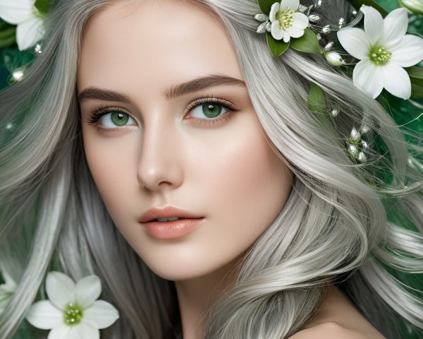 Portrait of a fair-skinned woman with silver-blonde hair