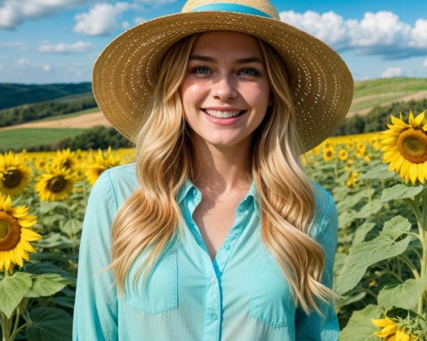 Young Woman in Sunflower Field with Blue Sky