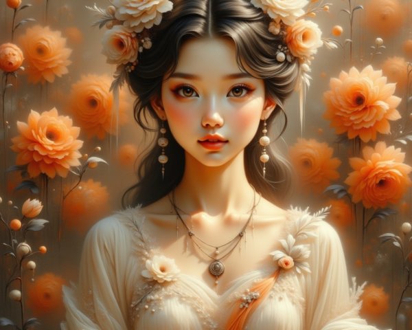 Young woman in floral gown with vibrant background
