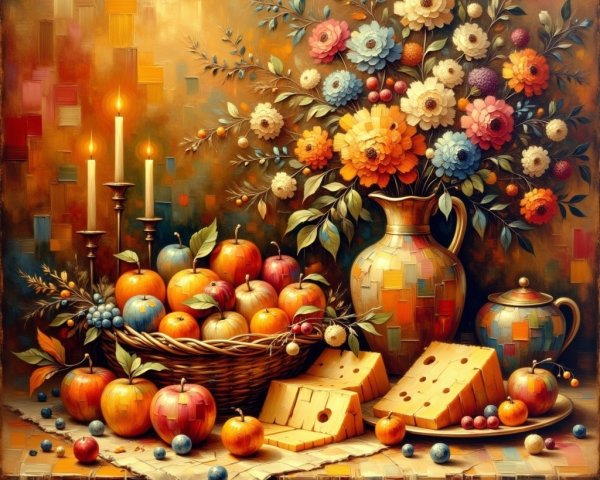 Vibrant Still Life with Apples, Cheese, and Flowers