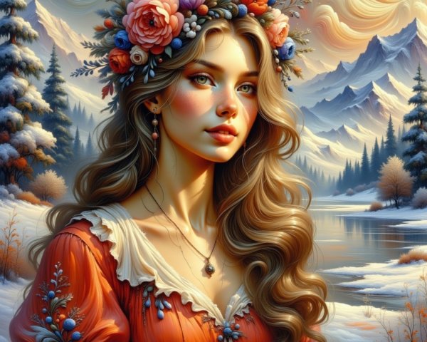 Young woman in floral crown in winter landscape