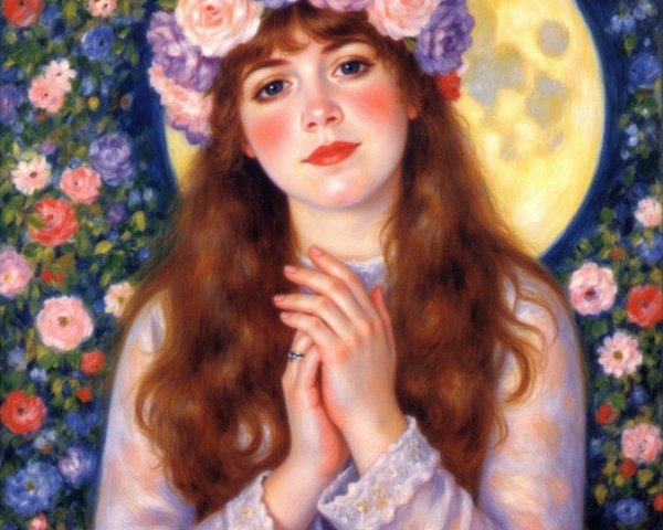 Young woman in lavender dress with floral crown and moon