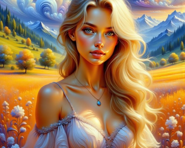 Young Woman in Colorful Autumn Landscape Setting