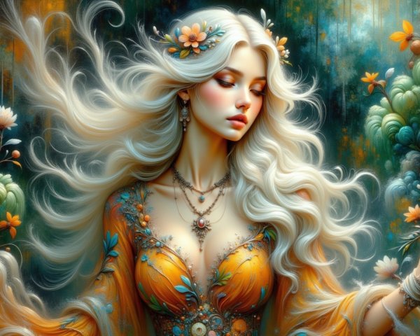 Serene Young Woman in Floral Gown Surrounded by Nature