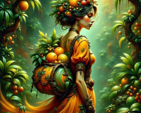 Woman in Orange Gown Surrounded by Enchanted Forest