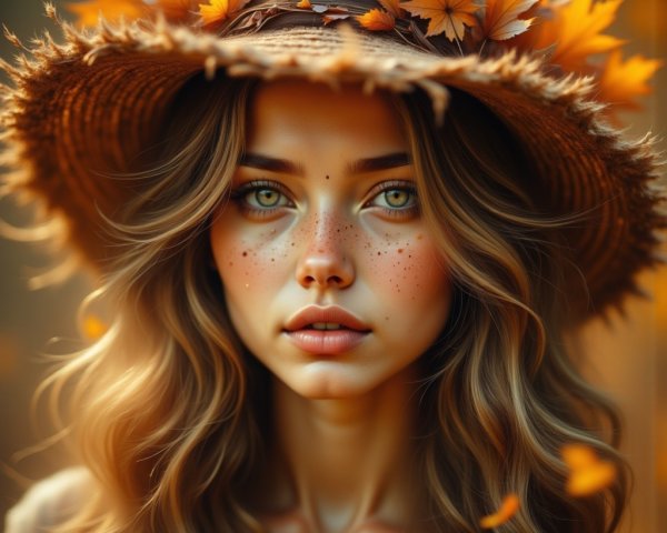 Autumn-Themed Portrait of a Young Woman with Leaves