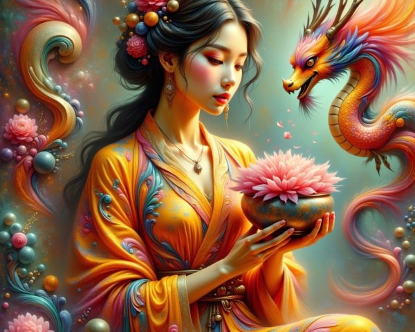 Serene Woman in Orange Kimono with Lotus and Dragon
