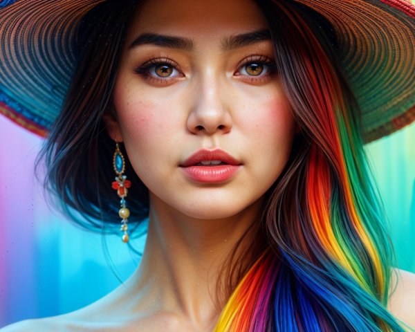 Vibrant Headshot of a Young Woman with Rainbow Hair