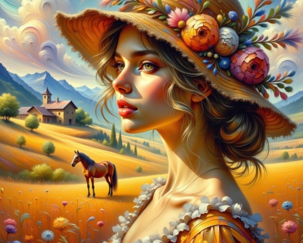 Young Woman in Straw Hat Amidst Scenic Landscape