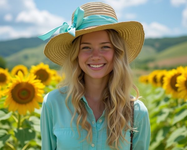 Young woman in straw hat smiles in sunflower field