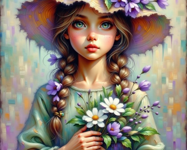 Young girl in straw hat with flowers and bouquet