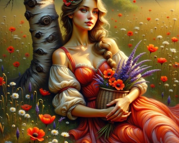 Young Woman in Red Gown by Birch Tree with Flowers