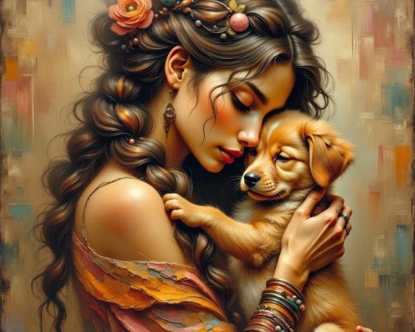 Tender Moment Between Woman and Golden Puppy