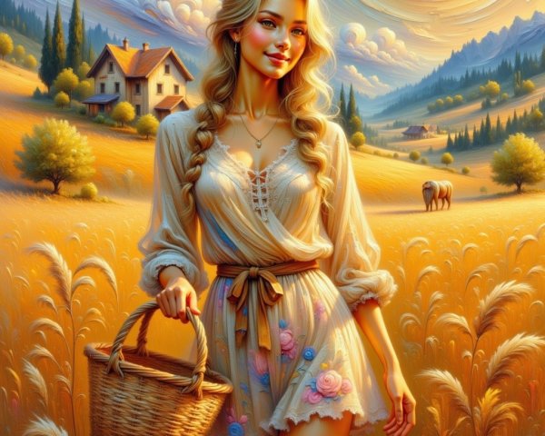 Young Woman in Floral Dress in Serene Countryside