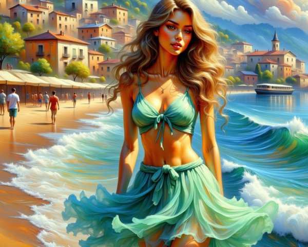 Beach Scene with Woman in Mint Green Dress