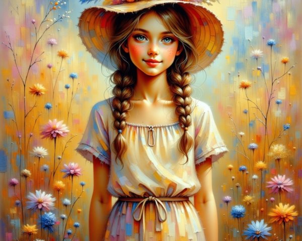 Young girl in floral hat and dress among wildflowers