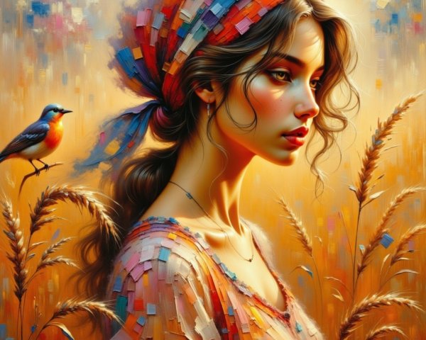 Young woman with flowing hair in wheat field artwork