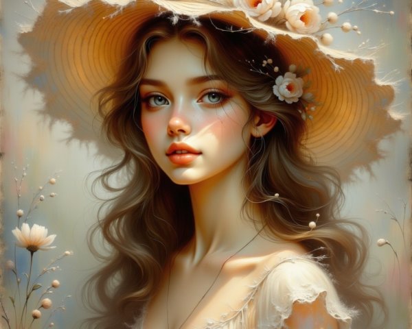 Young woman in decorative straw hat with floral accents